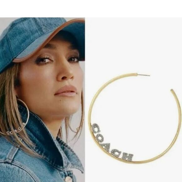 NWT Coach Signature Gold Big 3”Gold Polished Shinny Round Hoop Monogram Earrings - Picture 2 of 12